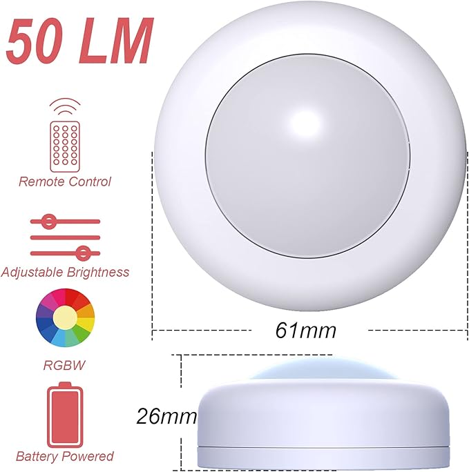 LED Puck Lights with Remote Control, 50lm RGBW Color Changing Closet Battery Light, 13 Colors Stick-on Under Cabinet Lighting, with Dimmable Function, 6 Pack