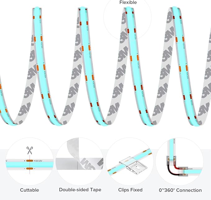 COB Ice Blue LED Strip Light DC12V Flexible High Density Uniform Bright 480LEDs/m Strips 16.4FT CRI90+ 8MM Width Dimmable COB LED Tape for Cabinet Indoor Decor(No Adapter/Controller)