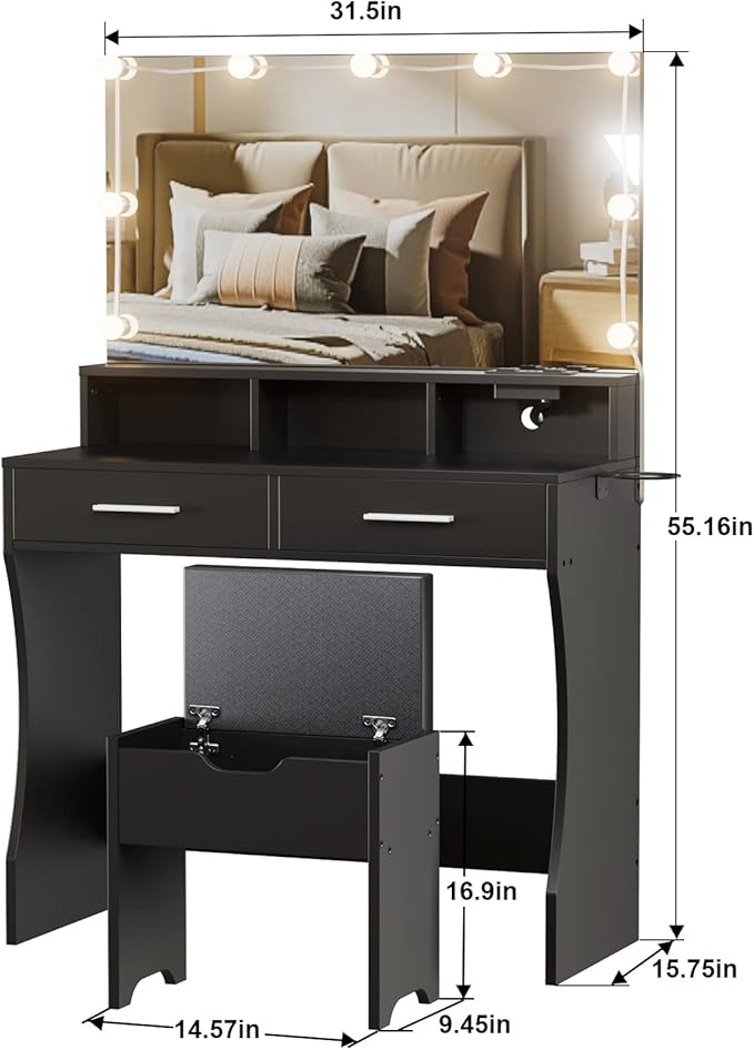 Makeup Vanity with Lighted Mirror & Outlet Charging Station, Vanity Set Makeup Table with Hair Dryer Holder, 3 Lighting Colors, Brightness Adjustable, 31.5in(W)