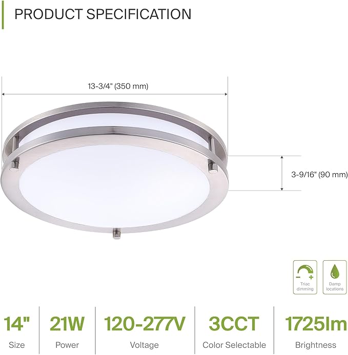 ASD LED 14" Round Flush Mount Lighting, Close to Ceiling Light Fixture | 3CCT, Dimmable, Energy Star, ETL Listed | 21W 1725LM 3000-5000K 100-277V | Low Profile Double Ring Lamp | Nickel