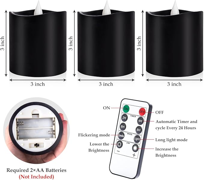3inch Black Pillar Flameless Candles - 3D Flickering, Remote Timer, Battery Operated, 600+ Hours, Halloween & Gothic Themed Decor (Black, 3"*3"-3pcs)