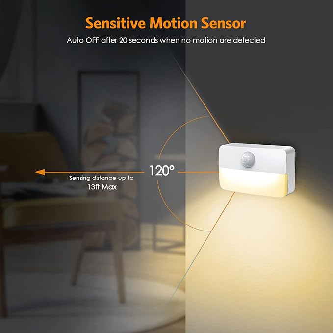 【2 Pack】Motion Sensor Night Light, Stick-On Motion Sensor Lights Indoor, Battery Powered Under Cabinet Kitchen Lights with Adhesive Pads, Auto/On/Off for Cupboard Wardrobe Stair Kitchen- Warm White