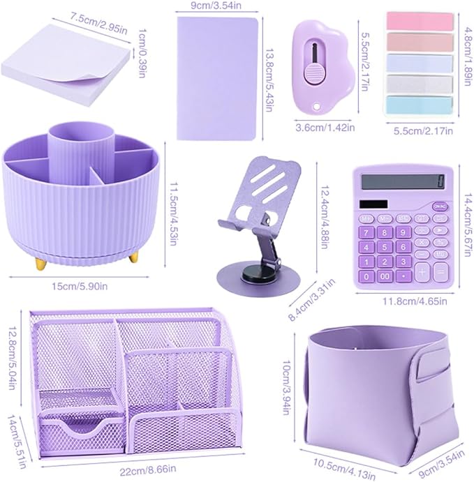 Purple Desk Organizers and Accessories with Desk Organizer 360° Rotating Pen Holder and Office Supplies, Cute Stationery Supplies Set