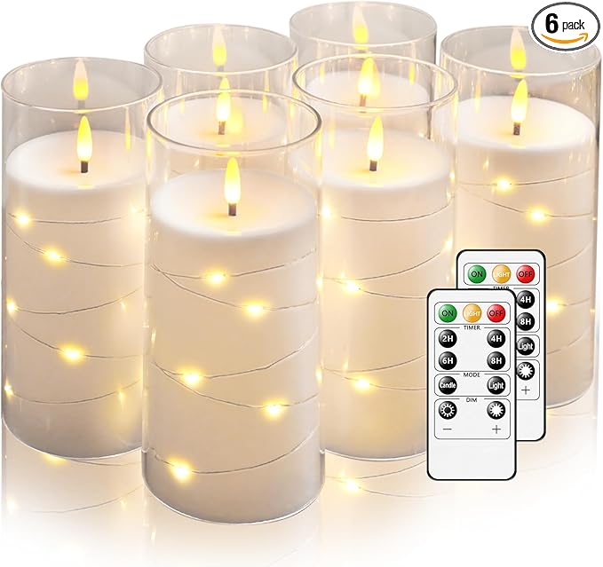 Flickering Flameless Candles with Remote Timer, 6pcs LED Battery Operated Candles with Embedded String Lights White, D3 H6