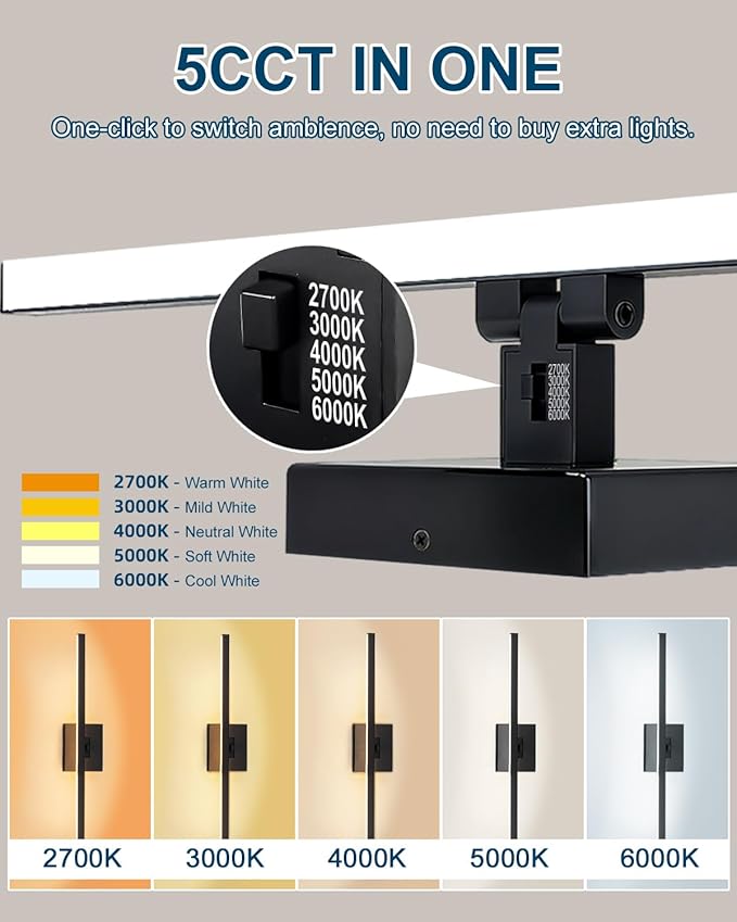 Aosclex 24 Inch Bathroom Lighting Fixtures Over Mirror, Rotatable, 16W 1440LM 5CCT Adjustable (2700K–6000K), Dimmable LED Bathroom Lights, IP44 Waterproof Black Modern Vanity Lights, ETL Certificated