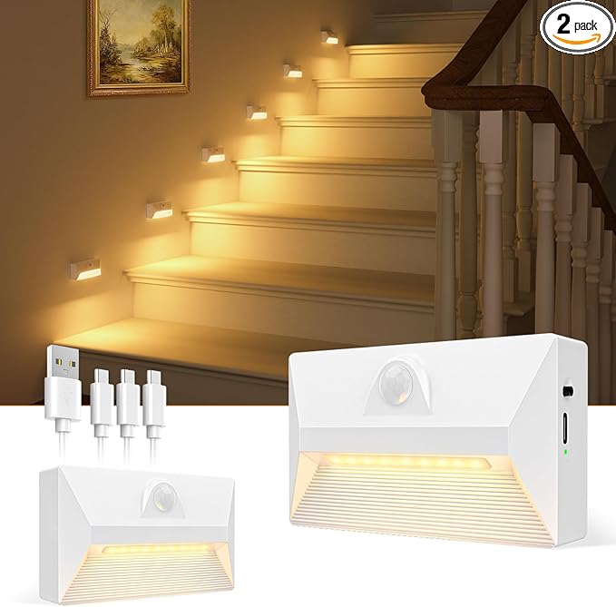 VOLISUN Motion Sensor Stair Light Rechargeable 2 Pack, Night Lights 3 Modes & 3 Color Temperatures, Magnetic Rechargeable Stick-On Lights for Stairs, Hallway, Cabinet(White)