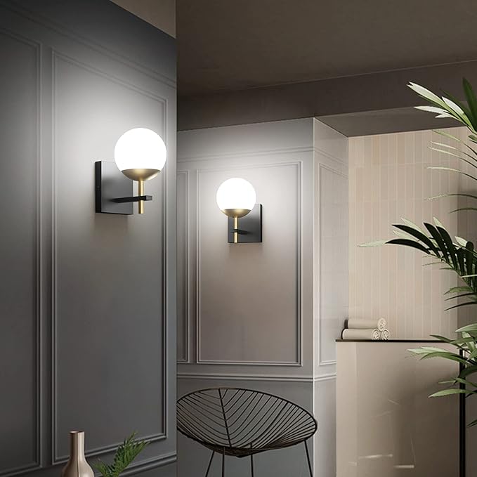 Ralbay Black Gold Wall Sconce, Mid Century Modern Wall Lighting Fixtures Milky Glass Indoor Wall Lamp for Home Decor Bathroom Kitchen Living Room Vanity Hallway, Black and Gold 1 Light
