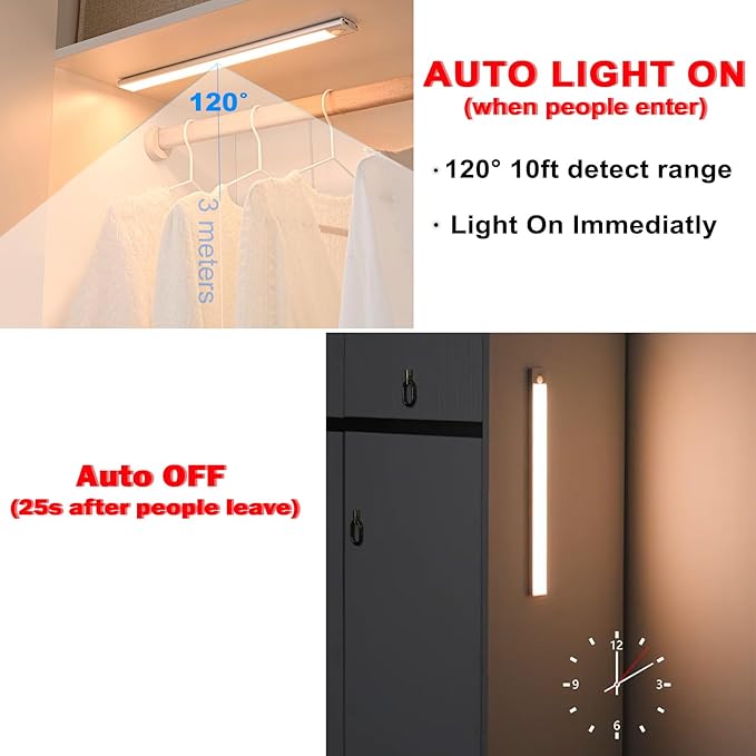 Closet Light 4 Pack Magnetic 12" Rechargeable, 3 Color Dimmable LED Motion Sensor Battery Powered Closet Light Smart Sensor Magnetic Punch Free Smart Sensor Rechargeable Led Lights