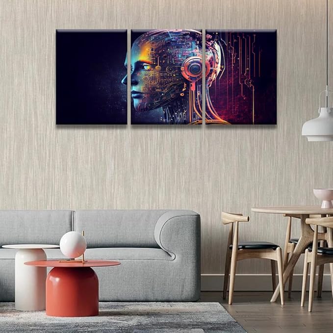 LSIUHWUWI Modern Wall Art 3 Panel Wall Art Humanoid Head with Blue and Yellow Eyes Pictures Print On Canvas Wall Decor for Living Room, Wooden Framed Ready to Hang 12x16inchx3