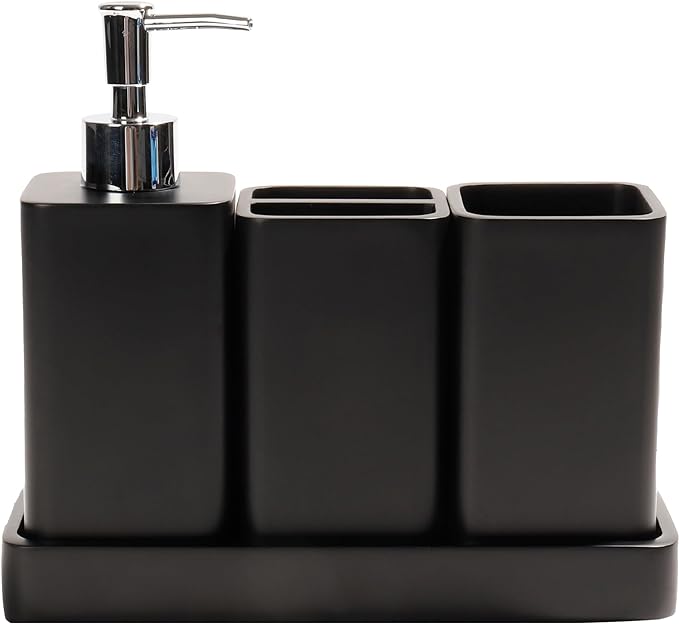 YMXYJM Bathroom Accessories Set, 4 Pcs Bathroom Accessory Set, Soap Dispenser, Toothbrush Holder, Qtip Holder Set, Bathroom Sets Complete, Bathroom Sink Set for Modern Home Decor, Black