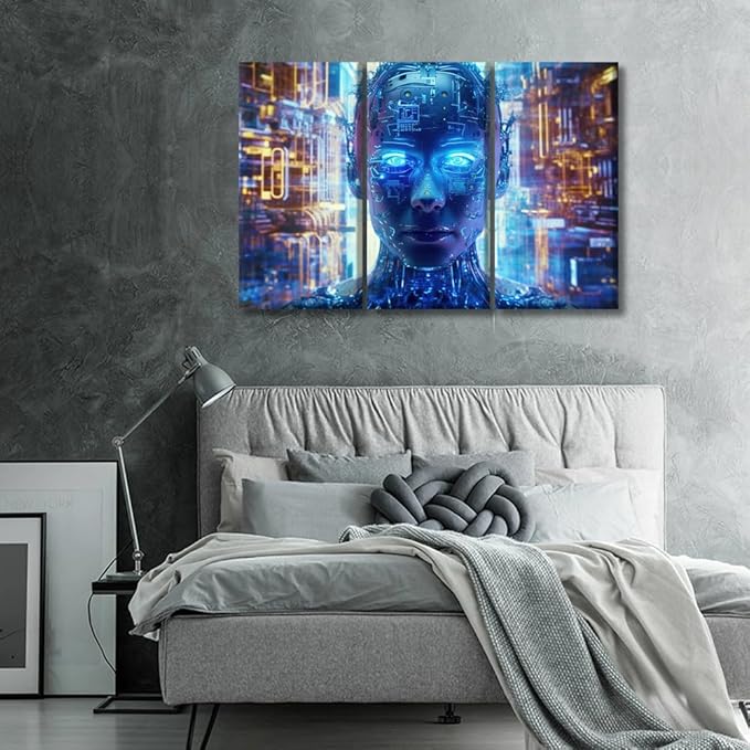 3 Panels Framed Wall Art Cloud Networking, Crypto, AI, Firewall Network Security Picture Prints on Canvas Artwork for Office Decor Ready to Hang, 20x40inchx3