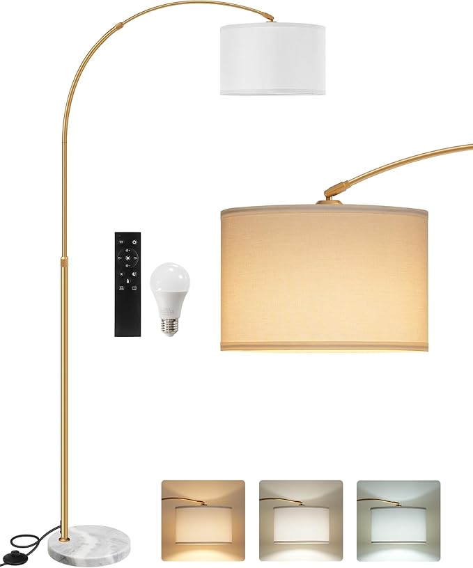 75" Arc Floor Lamp with Marble Base and Adjustable Height, Rotating Hanging Shade, Dimmable Floor Lamp for Living Room with Remote and Foot Switch, 3CCT, Over Couch Arched Light, White Gold DW15LD05