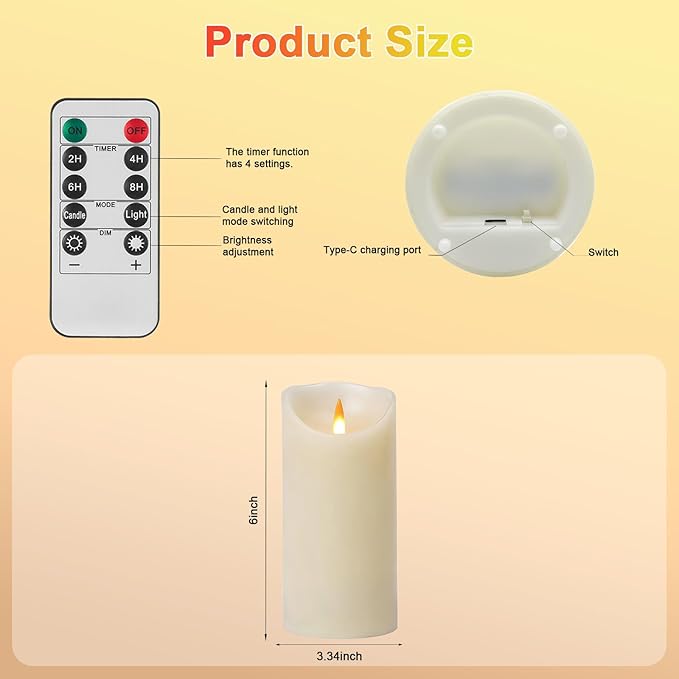 Rechargeable Flameless Candle, Realistic 3D Flickering Warm Flame, LED Candle with Remote Control & Timer for Holiday, Wedding, Patio and Home Decoration(Set of 1)