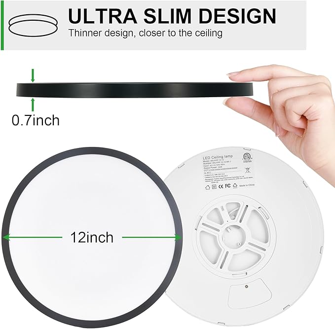 LED Flush Mount Ceiling Light: 12 inch 2Pack Super Slim Dimmable & 5CCT (2700-6500K) Kitchen Lighting Fixtures Ceiling - 24W Black Low Profile Ceiling Lamp for Bedroom Garage Hallway