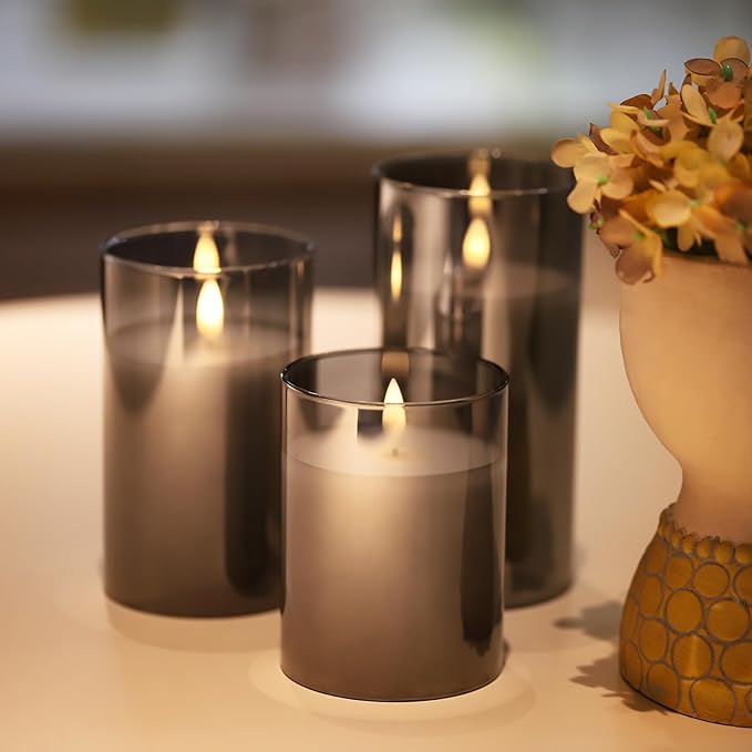 Mingfuxin Flameless Candles, Battery Operated Candles LED Pillar Glass Candles with Remote 10-Key Control and Timers for Indoor Party, Wedding,Tabletop Halloween Decorations, H 4" 5" 6", Set of 3