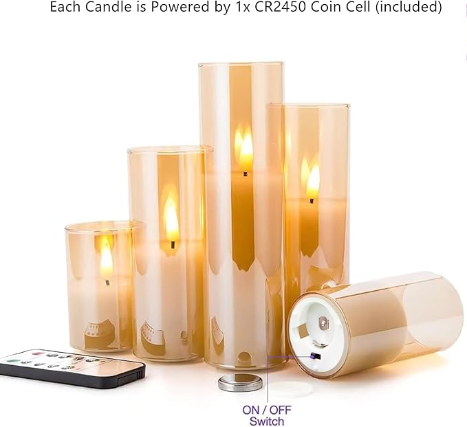Eywamage 5 Pack Gold Glass Flameless Candles with Remote, Flickering Slim Tall LED Pillar Votive Candles Battery Included