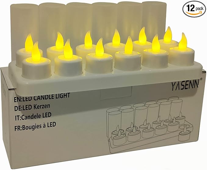 YASENN Rechargeable Candles Warm White led TeaLights Candles 12pcs Flame Effect Program Flickering Plastic Flameless Candles for Bar Dinner Decorations