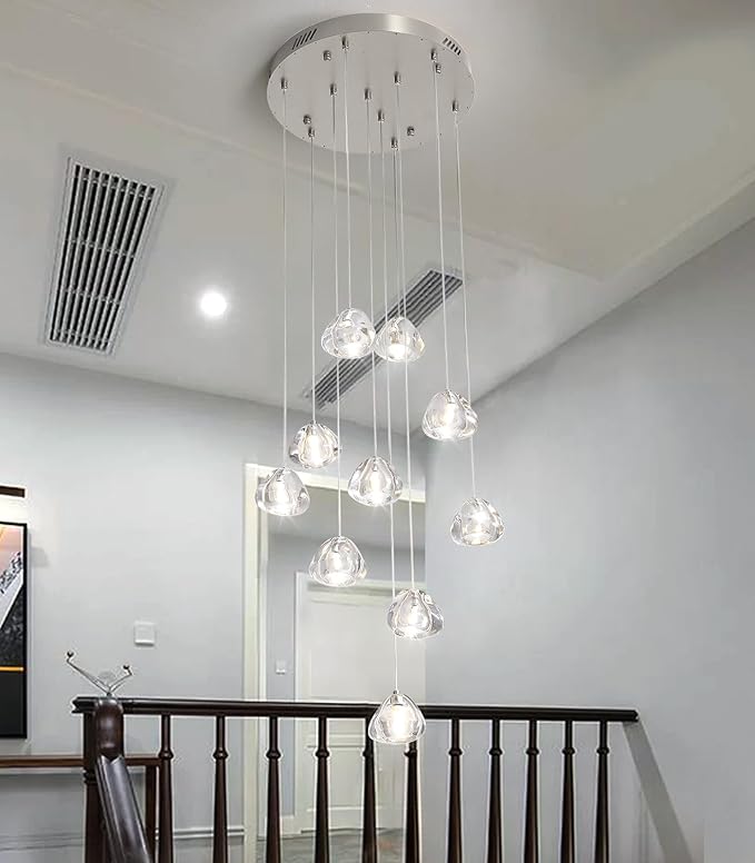 Glam Chandelier with LED Dimmable Bulbs Bubble Crystal Balls Glam Chandeliers High Ceiling Pendants Light Fixtures Adjustable Long Lights Brushed Nickel