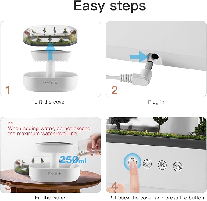 Essential Oil Diffuser 250ML Cloud Humidifier Rain Water Drip Diffuser Humidifier with Drip Music Micro Landscape Ultrasonic Diffuser for Bedroom Office Hotel (White Grey)