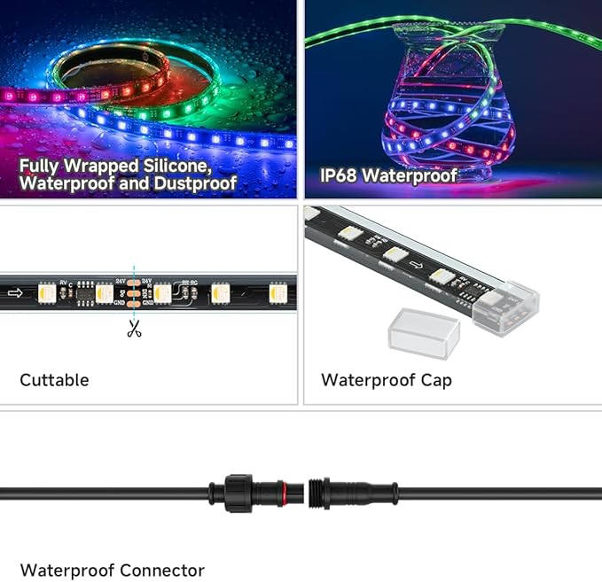 BTF-LIGHTING IP68 Waterproof Outdoor WS2814 RGBW IC LED Strip RGB+Warm White(3000K) Addressable Dream Color 5050SMD Light DC24V 16.4ft 60LEDs/m 10Pixels/m Can Work Outdoor(No Adapter or Controller)