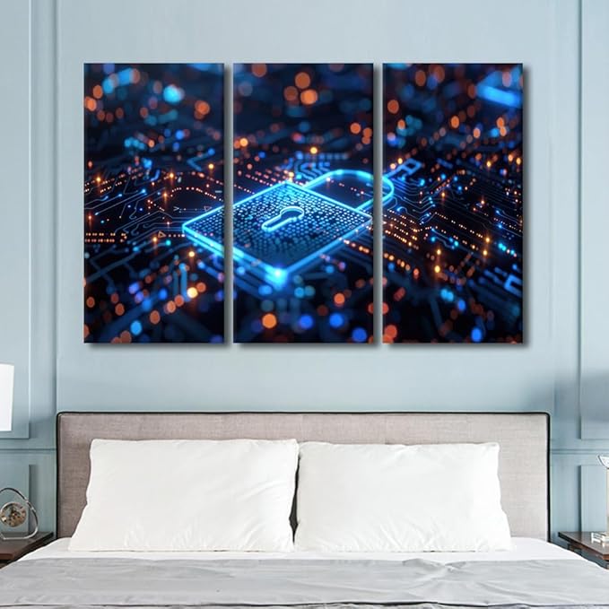 AI Canvas Prints AI Intelligence Wall Art Security Lock Symbol Picture Lock Paintings Canvas Print 3 Pieces Framed Wall Art Giclee Artwork Stretched Ready to Hang Posters, 60" Wx40 H