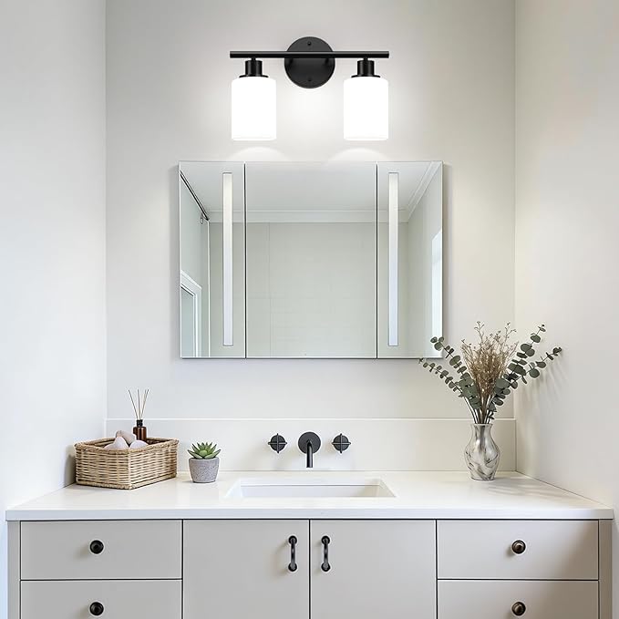 2-Light Bathroom Light Fixtures,Black Modern Vanity Lights with Milky White Frosted Glass Shades,Bathroom Wall Lamp for Mirror Kitchen Living Room Hallway Cabinet Porch