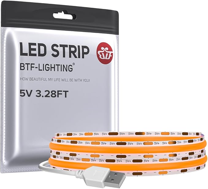 BTF-LIGHTING FCOB USB Powered Orange Color COB LED Strip Lights 3.28FT 320LEDs 5V 8mm Width 90+ High CRI Ultra Bright Flexible Light for 3D Printer TV Backlight Display Cabinet PC DIY Decor