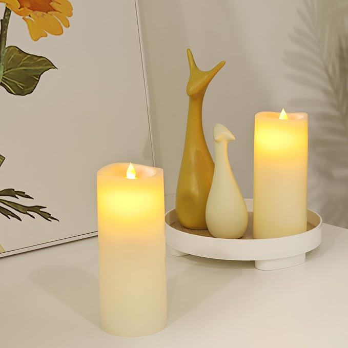7” x 3” Flameless Candles, Flickering Moving Flame LED Candles, Battery Operated Candles with Remote and Timers, Ivory White, Set of 2