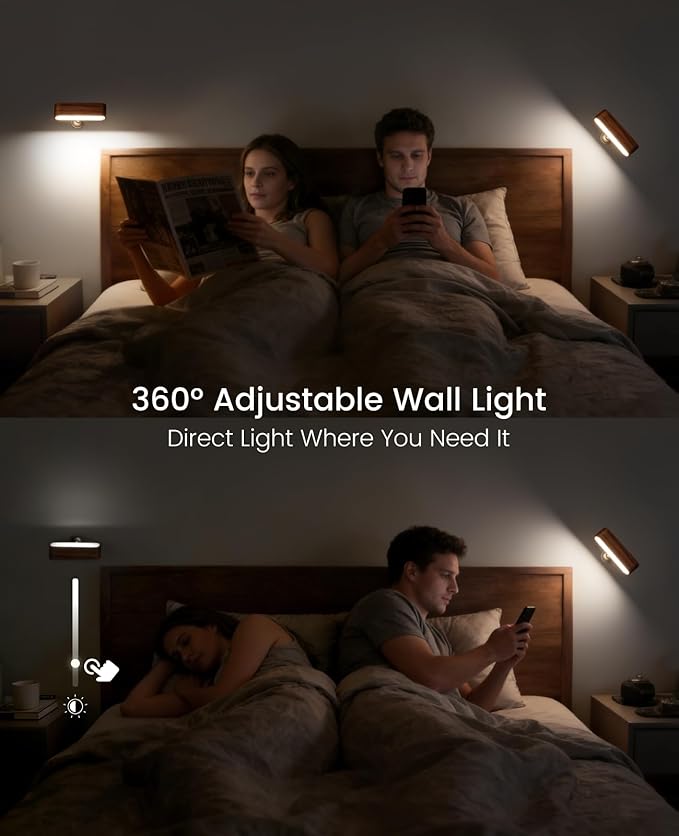 Wood LED Wall Sconce Magnetic 360°Rotate Mounted Mini Lamp Brightness Adjustable Nightlights Rechargeable Battery Powered Reading Light for Bedside Hallway Living Room Black Walnut Set of 2