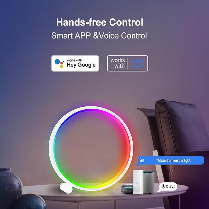 White LED Intelligent Color Changing Circular Table Lamp -16 Million RGB DIY Mode and Modern Game Light, with Music Synchronization, Voice Control, Computer Desk and Home Office Decoration