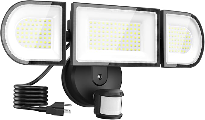 iMaihom 180W Motion Sensor Outdoor Lights Plug in, 18000LM LED Security Lights, Dusk to Dawn Motion Flood Light, 6500K, IP65 Waterproof, 3 Head Exterior Motion Detector Light for Yard Garage