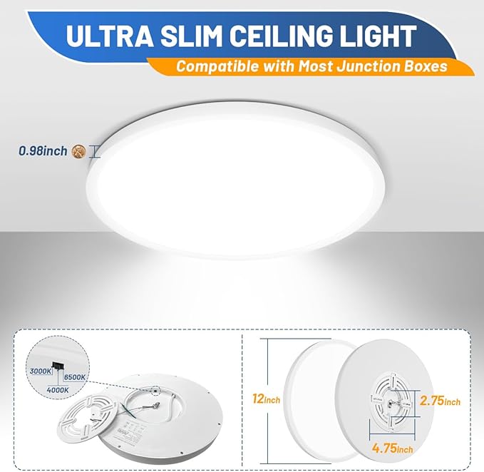 Allsmartlife Flush Mount Led Ceiling Light 2 Pack, 24W 2880lm,3000K/4000K/6500K, 12 inch Ceiling Light for Bedroom, Bathroom, Laundry Room, Kitchen