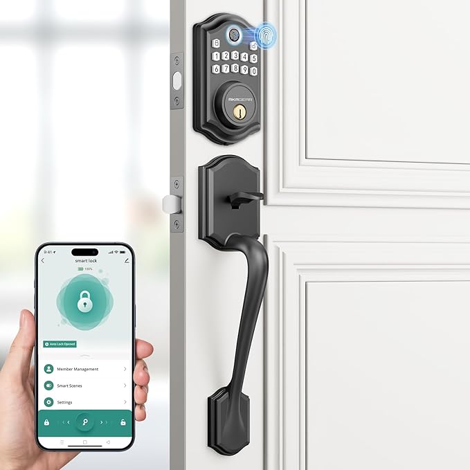 DS10 Pro Keyless Entry Door Lock with Handle Set, Smart Front Door Locks Set, Electronic Keypad, Fingerprint Deadbolt, Bluetooth APP Control, Auto-Lock & One Touch Locking, Matte Black