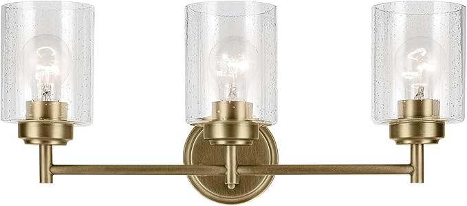 Kichler Winslow 21.5" 3-Light Vanity Light with Clear Seeded Glass in Natural Brass for Vanity, Luxe Industrial, (21.5" x 9.25"), 45886NBR