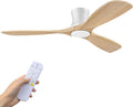 52inch Wood Ceiling Fans with Lights and Remote,Low Profile Modern Ceiling Fan with Light,Outdoor Indoor Flush Mount Ceiling fan,for Bedroom Living room Patio,Light Wood,3 Blades,Dimmable LED,Quiet