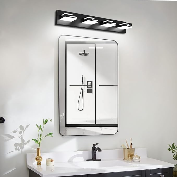 LED Modern Bathroom Vanity Light Fixtures,4-Light 28-inch Dimmable Matte Black Vanity Lights for Bathroom Lighting Fixtures Over Mirror, with 350° Rotatable Acrylic Heads (Cool White 6000K)