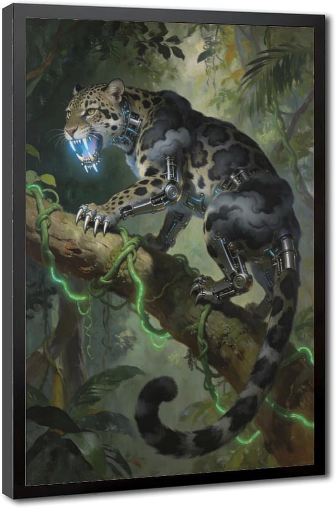 Framed Steampunk Mechanical Leopard Wall Art - Jungle Futuristic Beast Poster for Man Cave Living Room Decor 08x12in
