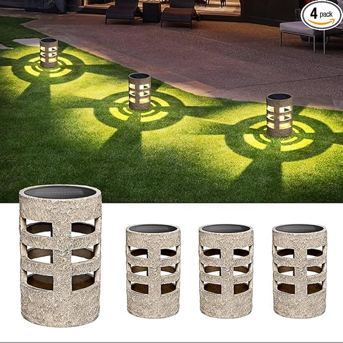 Solar Path Lights Outdoor 4 Pack, Decorative Pattern Lighting, Auto On/Off Dusk to Dawn, Waterproof Solar Powered Landscape Lights, Modern Resin Garden Lights for Yard Patio Walkway (Gray)