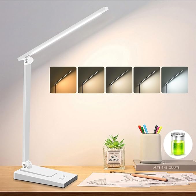 ErayLife Rechargeable LED Desk Lamp, 800LM 2600mAh Reading Table Lamp, 5 Color Modes with 5 Brightness, Aluminum Bedside Lamp with USB Charging Port for Study Home Office, White
