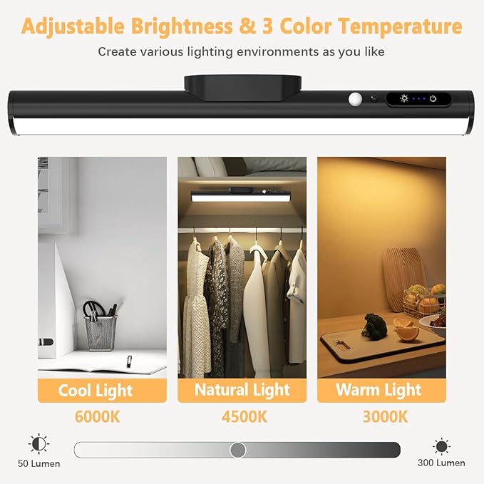 Battery Powered Operated Wall Strip Lights, Motion Sensor LED Light Bar Indoor, Rechargeable Magnetic Under Cabinet Lighting Wireless with Remote Control for Closet Mirror Kitchen - Black