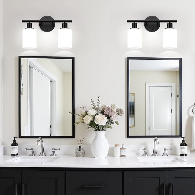 2-Light Bathroom Light Fixtures,Black Modern Vanity Lights with Milky White Frosted Glass Shades,Bathroom Wall Lamp for Mirror Kitchen Living Room Hallway Cabinet Porch