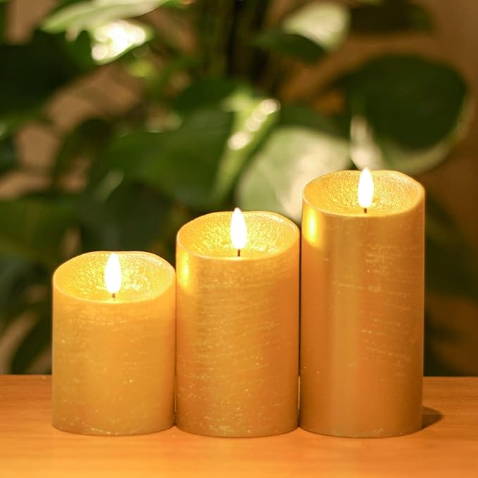 Gold Flameless Candles with Remote, Flickering Real Wax Battery Operated Candles with Timer, Set of 3 LED Pillar Candlesfor Home Room Decor Christmas Decoration