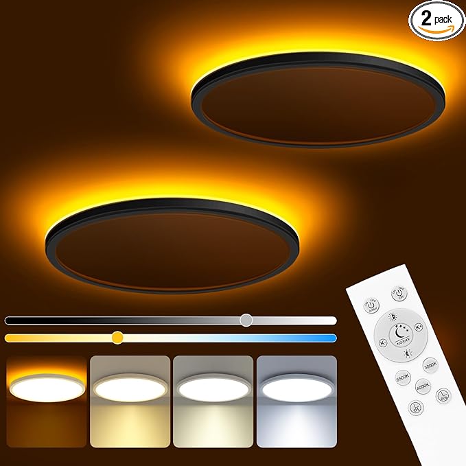 zemty 12 Inch LED Ceiling Light with Night Light 1800K, 2 Pack Dimmable Ceiling Lights with Remote Control, Low Profile for Bedroom, Living Room, Kitchen - Black