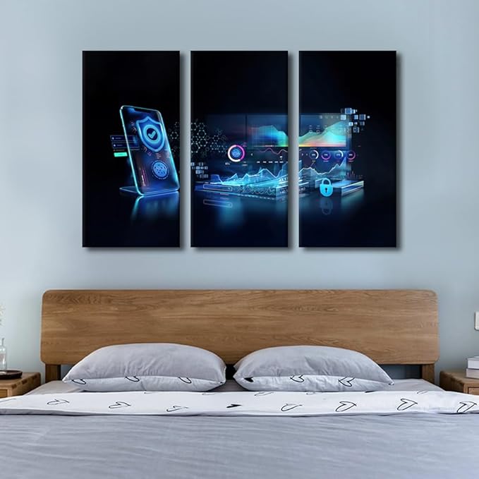 Wall Art for Living Room 3 Panel Network Transaction Security Pictures Print on Canvas Wall Art for Home Office Decorations, Stretched Framed Gallery-Wrapped Ready to Hang, 42" Wx28 H