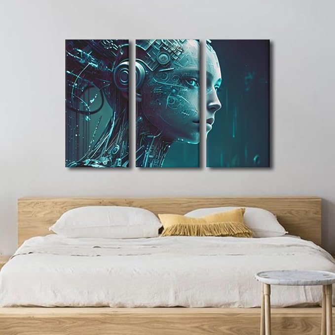 TUMOVO Artificial Intelligence Pictures Binary Code Wall Art 3 Panel Future Technology Canvas Print Art for Living Room Bedroom Decoration, Modern Artwork Stretched Framed Ready to Hang, 36" Wx24 H