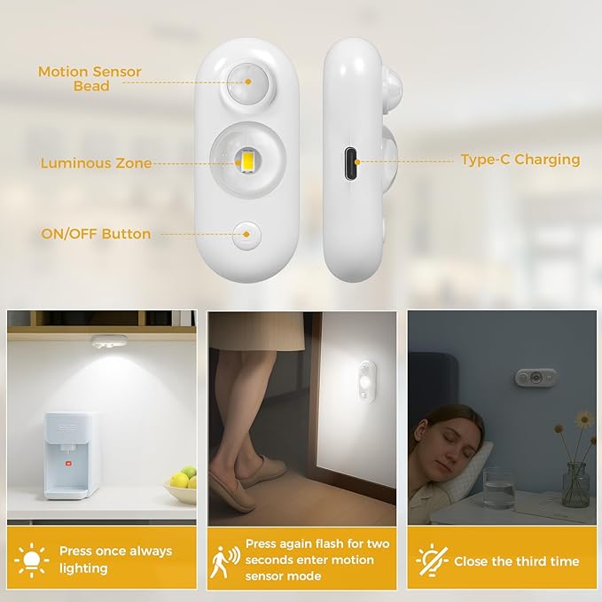 LED Motion Sensor Puck Lights, Small Rechargeable Under Cabinet Light, Dimmable Daylight White Closet Lights, Wireless Under Cabinet Lighting for Drawer, Kitchen (6 Pack, White)
