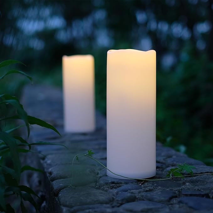 NONNO&ZGF 4X10'' Large Outdoor IP44 Warm White LED Rainproof Waterproof Candles, Huge Flameless Battery LED Pillar Candle with Remote and Timer, Resin, No Melt, 2 Pack