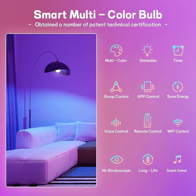 Smart Light Bulbs,Full Color Changing Dimmable LED Bulb,Compatible with Alexa and Google Assistant,UL FCC Certified,2.4GHz WiFi+Bluetooth LED Light Bulbs, Music Sync Smart Home Lighting (4)
