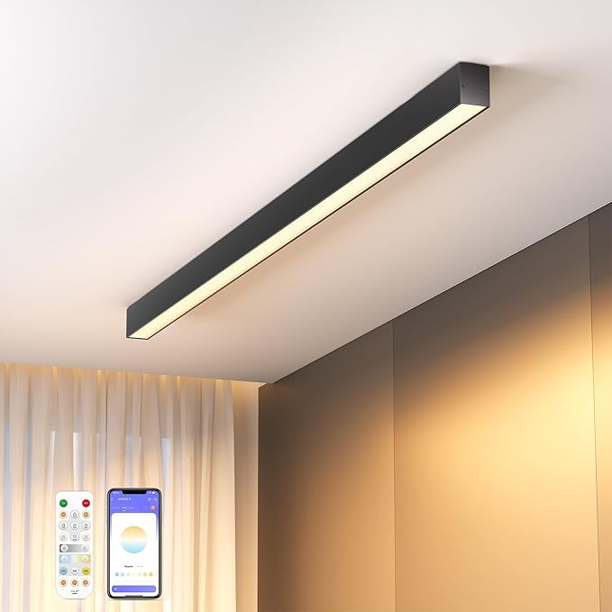 Modern LED Ceiling Light with Remote, Black Dimmable Close to Ceiling Lamp Fixtures, 30W CCT (2700K-6000K), Smart Linear Ceiling Lights for Living Room Office Hallway Kitchen(39.1inch)
