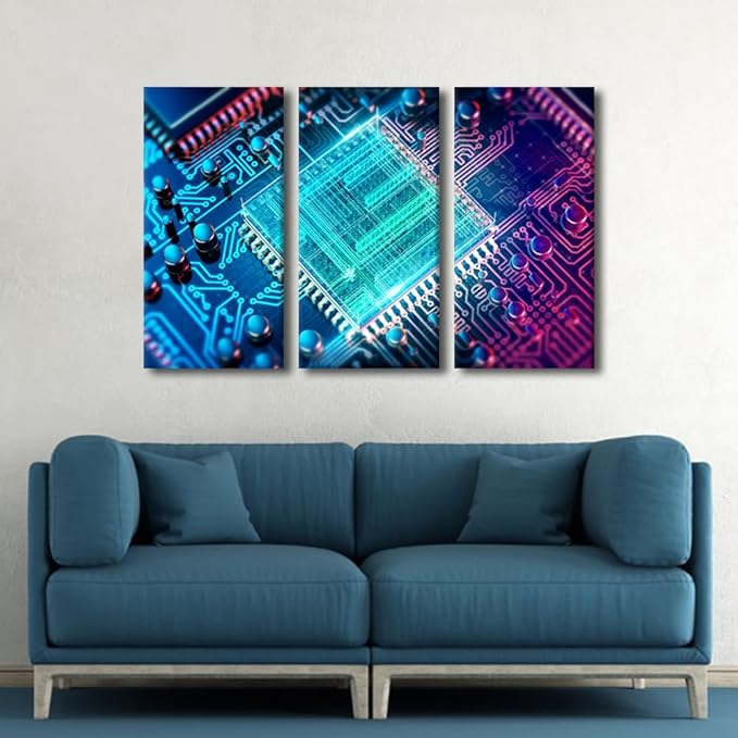 3 Panels Office Decor Wall Art Computer Processors CPU Circuit Board Black and White Wall Art CPU Concept for Living Room Bedroom Giclee Wooden Framed Gallery-Wrapped Ready to Hang(24" Wx36 H)